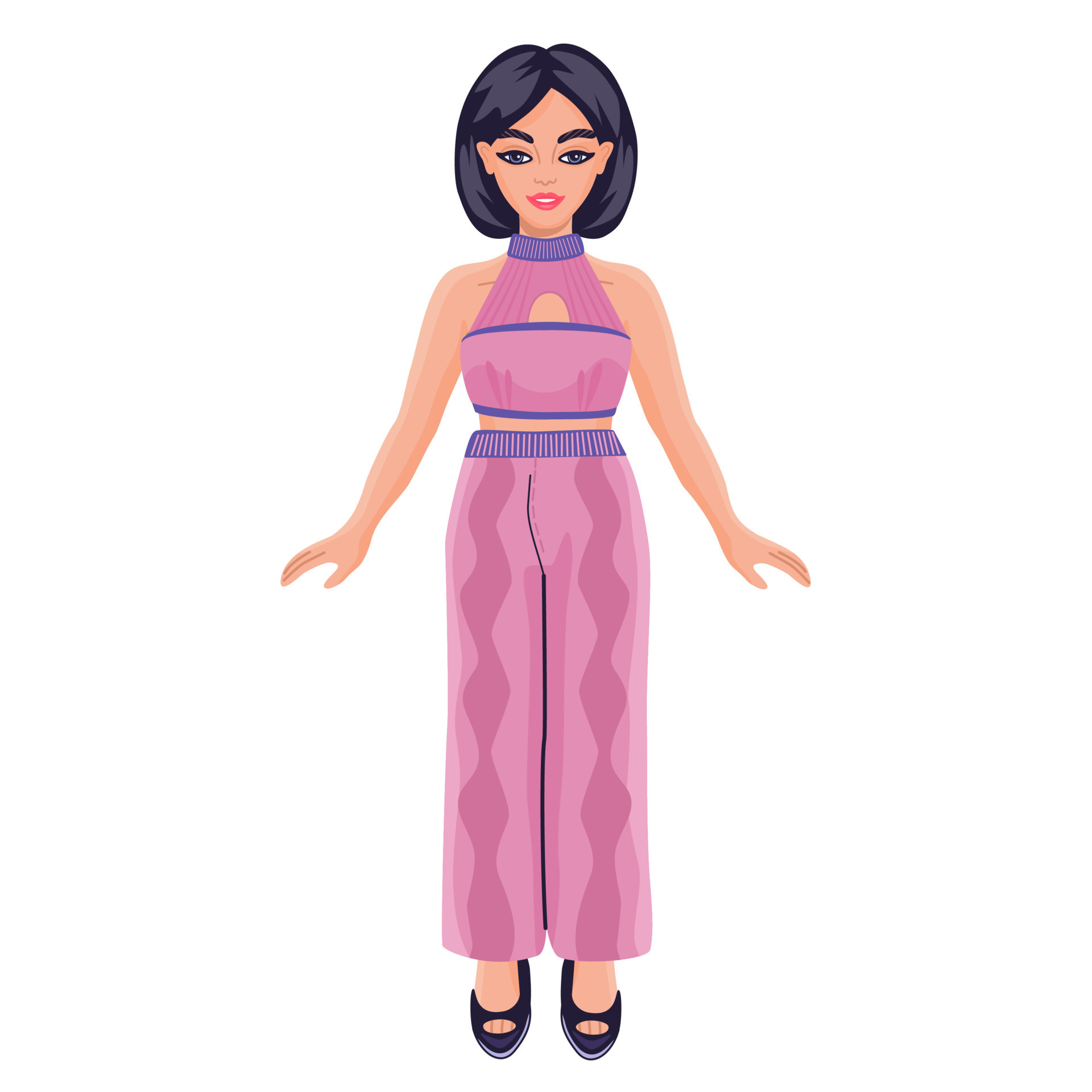 mulher dos desenhos animados em top cropped rosa e calça estampada. boneca  de papel fofa em roupas coloridas da moda. jogo de vestir. 9879544 Vetor no  Vecteezy